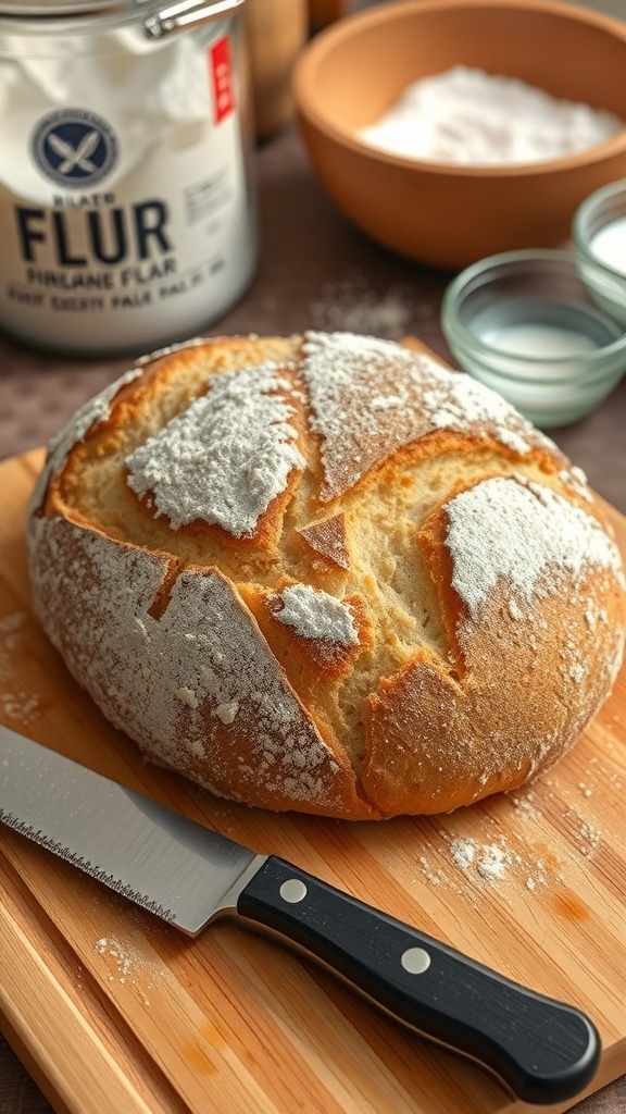 A golden-brown artisan bread loaf on a wooden board with a knife, surrounded by baking ingredients.